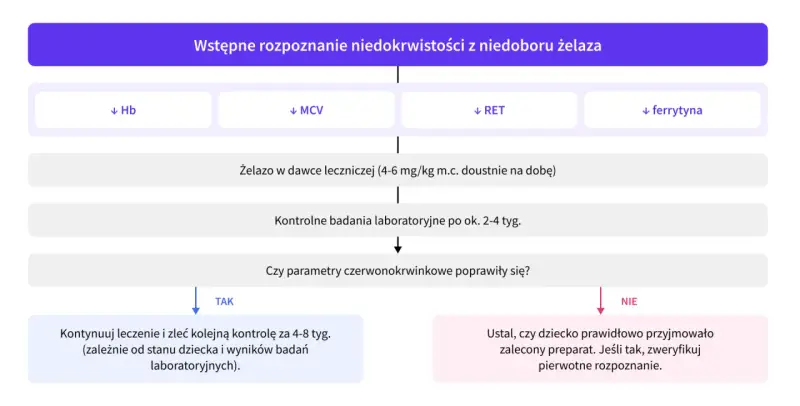 Schemat diagnostyki niedokrwistości z niedoboru żelaza u niemowlaka. Wskazuje na badania, dawkowanie żelaza i kontrolę leczenia.