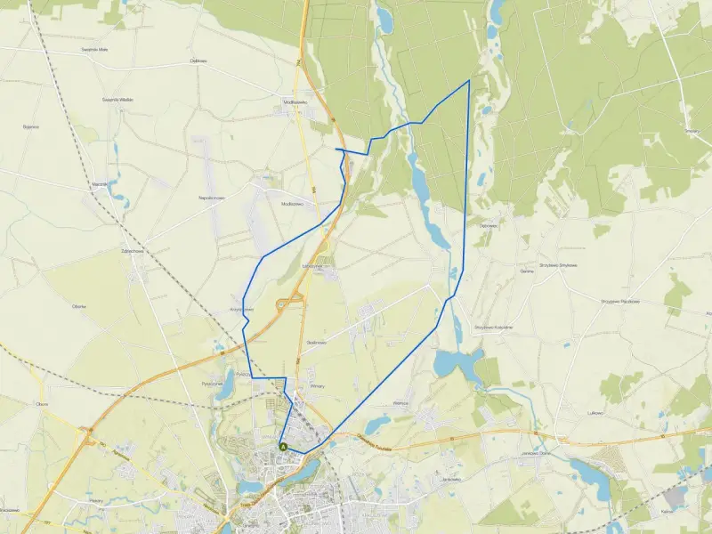 Mapa z zaznaczonymi trasami rowerowymi Gniezno i okolicami. Pętla prowadzi przez malownicze tereny, lasy i wsie.