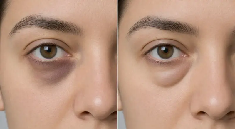Comparación de ojos: antes con ojeras oscuras y bolsas, después con piel más lisa y clara. Muestra cómo tratar porque salen ojeras.