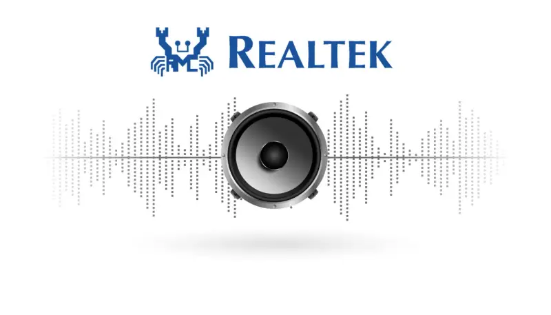 Logo Realtek z głośnikiem i wykresem dźwiękowym. Sterowanie dźwiękiem Realtek.