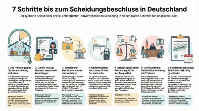 7 Schritte zur Scheidung: Trennungsjahr, Online-Antrag, Einreichung, Kosten, Versorgungsausgleich, Anhörung, Beschluss. Scheidungstermin verschieben ist nicht Teil des Prozesses.