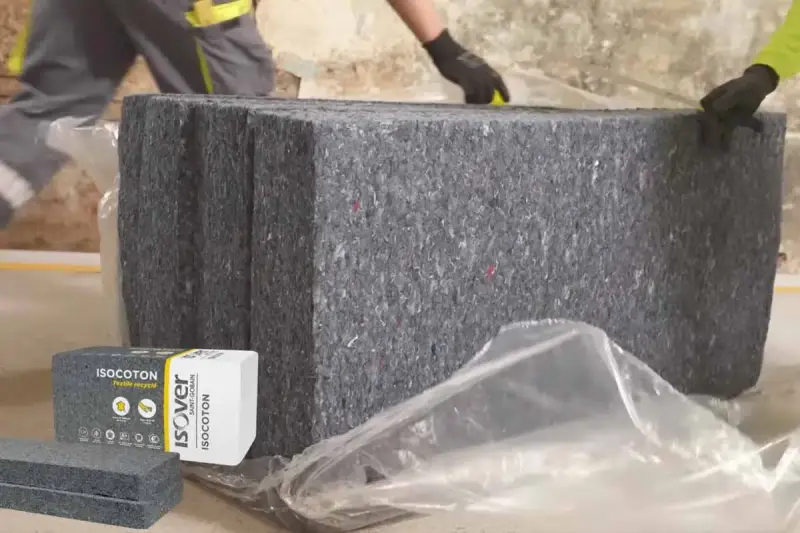 Gros blocs de laine de coton recyclée, emballés dans du plastique. Attention, la laine de coton peut présenter un danger si mal manipulée.