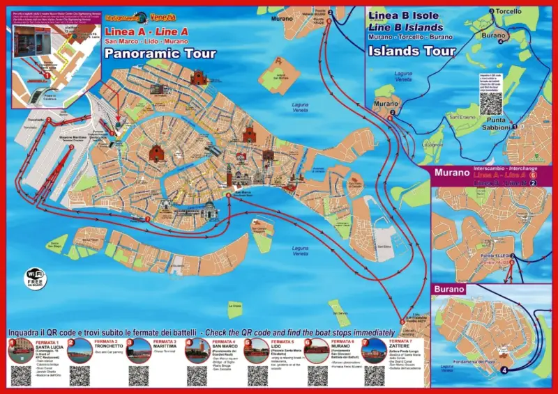 Mappa di Venezia con itinerari hop on hop off: Linea A (San Marco-Lido-Murano) e Linea B (Murano-Torcello-Burano).