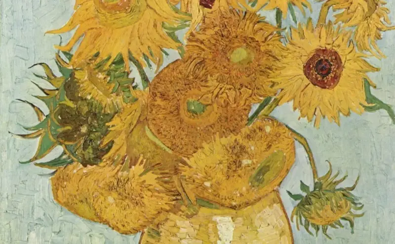 Un bouquet de tournesols éclatants dans un vase, œuvre d'un peintre post impressionniste. Les textures vibrantes et les couleurs chaudes évoquent la lumière du sud.