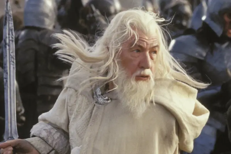 Gandalf z długą, siwą brodą i włosami, w białym płaszczu, gotowy do walki.