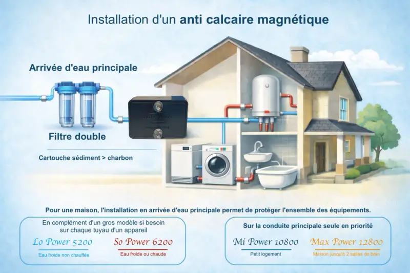 Installation d'un système anti calcaire magnétique pour prévenir la formation du calcaire dans une maison, avec filtre double et appareil Max Power.