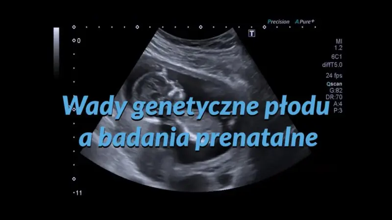 Badanie USG płodu, na którym widać plecy dziecka. Tekst: "Wady genetyczne płodu a badania prenatalne".
