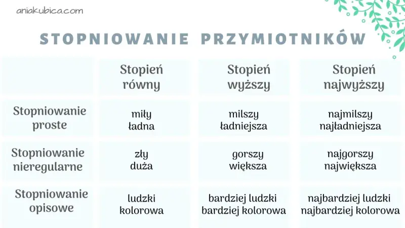 Tabela pokazuje stopniowanie przymiotników: proste, nieregularne i opisowe. Przymiotnik "miły" staje się "milszy" i "najmilszy".