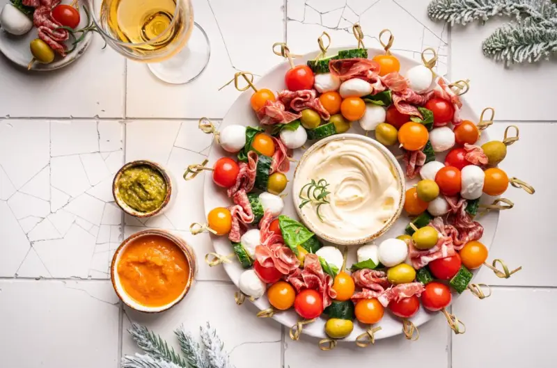 Kolorowe przystawki na zimno w kształcie wieńca, z mozzarellą, pomidorkami, oliwkami i salami, podane z dipami.