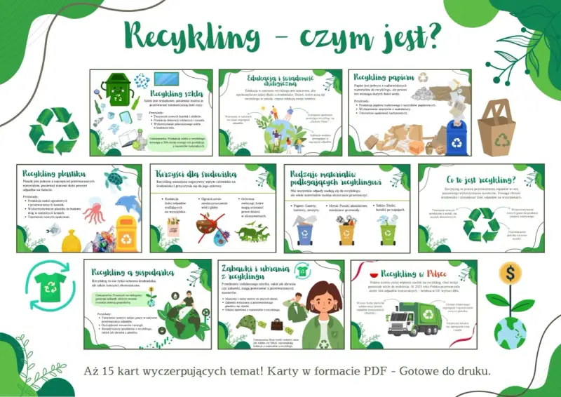 Recykling przykłady: szkło, papier, plastik, metal, ubrania. Edukacja ekologiczna, korzyści dla środowiska i gospodarki. Polska stawia na recykling.