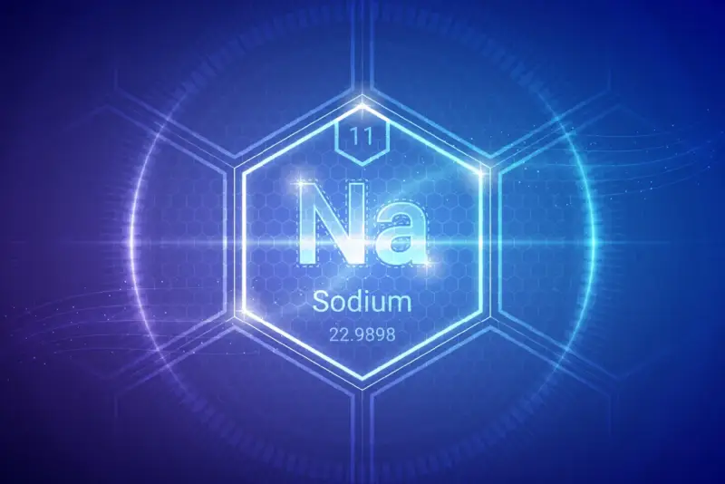 Symbol Na, liczba atomowa 11, nazwa Sodium (sód) i masa atomowa 22.9898 w centrum sześciokąta na tle technologicznym.