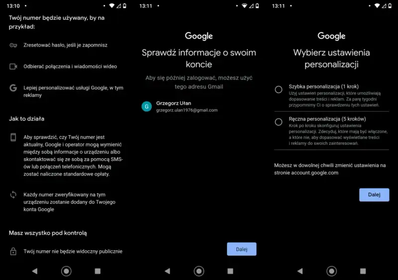 Ekran konfiguracji konta Google. Wybierz, jak założyć konto Google i spersonalizować ustawienia.