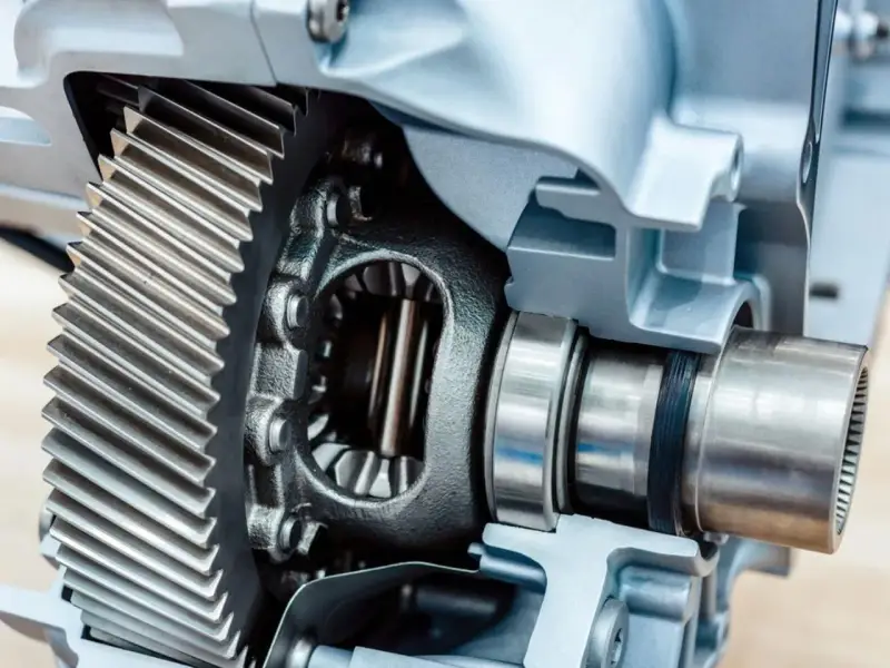 Sezione di un differenziale con ingranaggi metallici e cuscinetti.