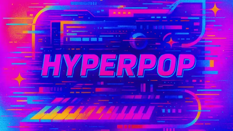 Neonowe klawisze i tekst "HYPERPOP" na tle cyfrowego szumu. To właśnie jest hyperpop – muzyka przyszłości, pełna energii i koloru.