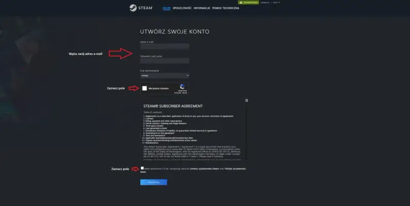 Tworzenie konta Steam, wpisanie adresu e-mail i potwierdzenie akceptacji warunków, aby móc dokonać steam aktywacja klucza.