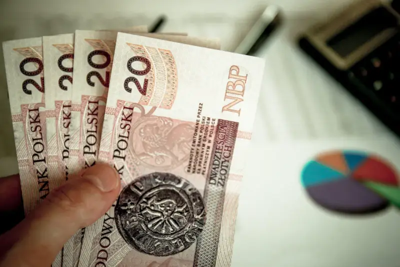 Ręka trzyma banknoty 20 zł. Obok kalkulator i wykres kołowy. Planowanie finansowe na 2025 rok, stawka godzinowa netto.