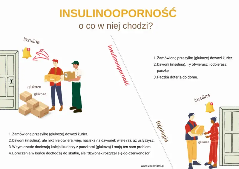 Ilustracja wyjaśnia hiperinsulinemię: kurierzy z glukozą czekają, a insulina (dzwonek) nie działa.