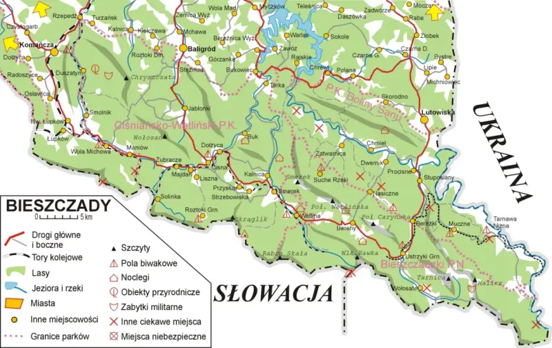 Mapa Bieszczad z zaznaczonymi drogami, lasami, jeziorami, rzekami, miastami i innymi punktami.