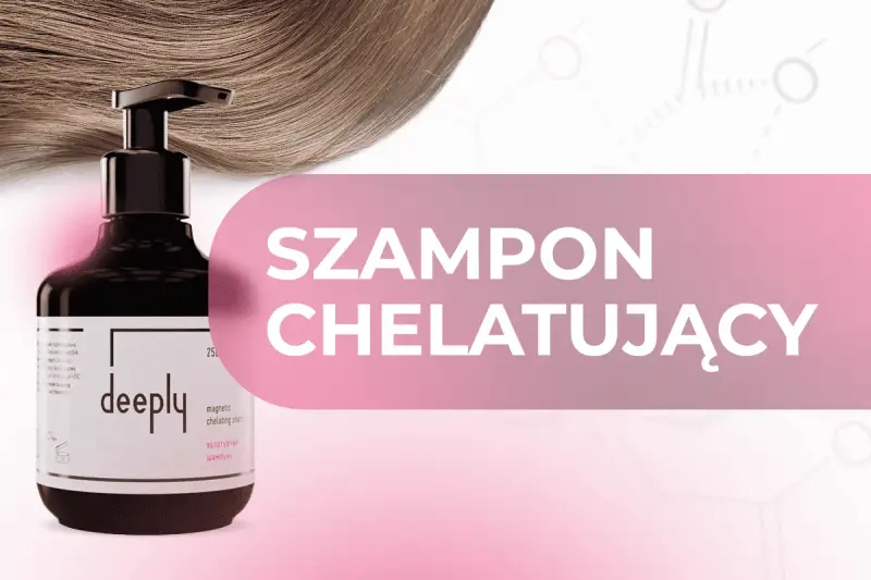 Butelka szamponu chelatującego "deeply" na tle falujących włosów. Dowiedz się, szampon chelatujący co to jest i jak działa.