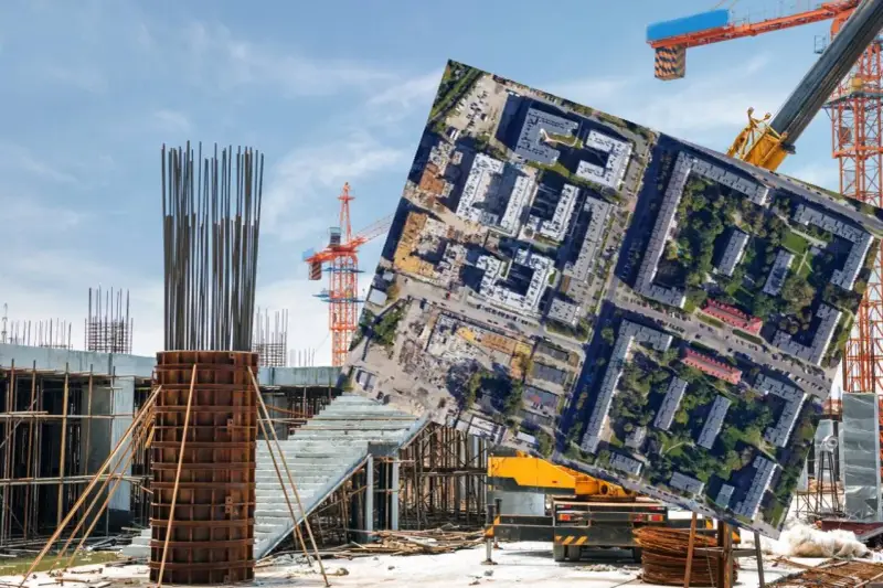 Budowa osiedla z widokiem na stare bloki, symbol patodeweloperki. Dźwigi i zbrojenia kontrastują z ułożonym na niebie zdjęciem lotniczym.