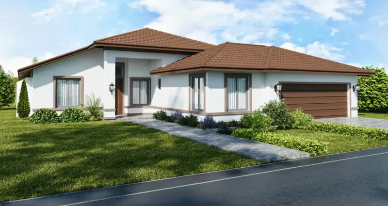 Nowoczesny bungalow z brązowym dachem i białymi ścianami, otoczony zielonym trawnikiem i krzewami.
