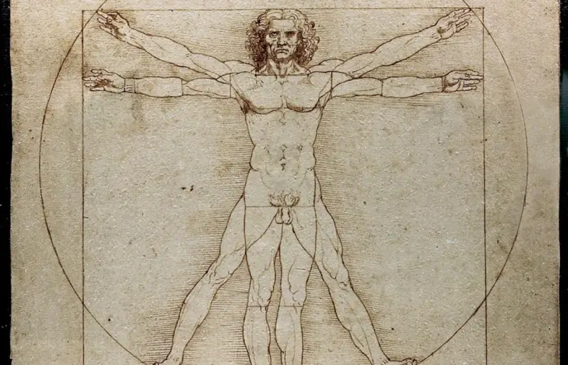Człowiek witruwiański Leonarda da Vinci, idealne proporcje ludzkiego ciała wpisane w kwadrat i okrąg.