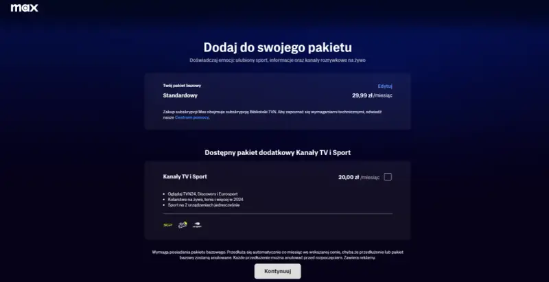 Dodaj do swojego pakietu Max: standardowy za 29,99 zł/miesiąc i pakiet dodatkowy Kanały TV i Sport za 20 zł/miesiąc.