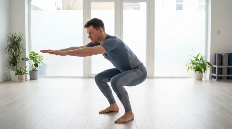 Un homme en tenue de sport exécute un squat dans une pièce lumineuse.