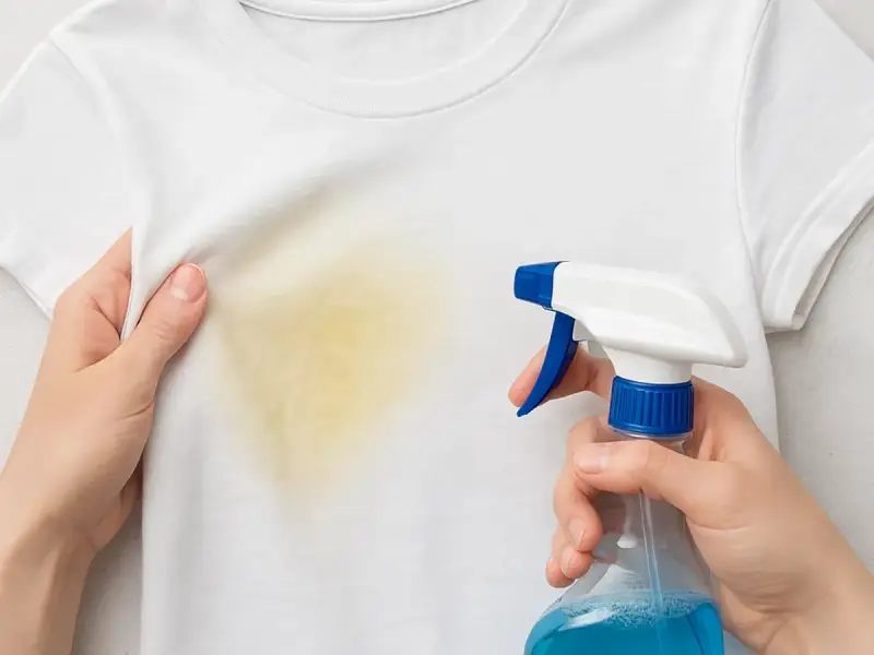 Manos aplican spray a camiseta blanca con mancha amarilla. Aprende como quitar manchas amarillas de ropa blanca fácilmente.