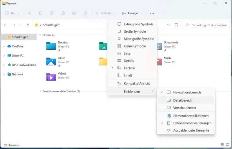 Windows 11 Explorer: Favoriten anzeigen. Menü "Anzeigen" öffnet Optionen für Ansicht, Details und Einblendung von Elementen wie Navigations- und Detailbereich.