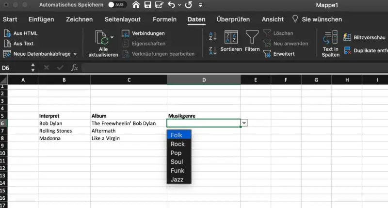 Excel-Dropdown erstellen: Musikgenre-Auswahl mit Optionen wie Folk, Rock, Pop, Soul, Funk, Jazz.