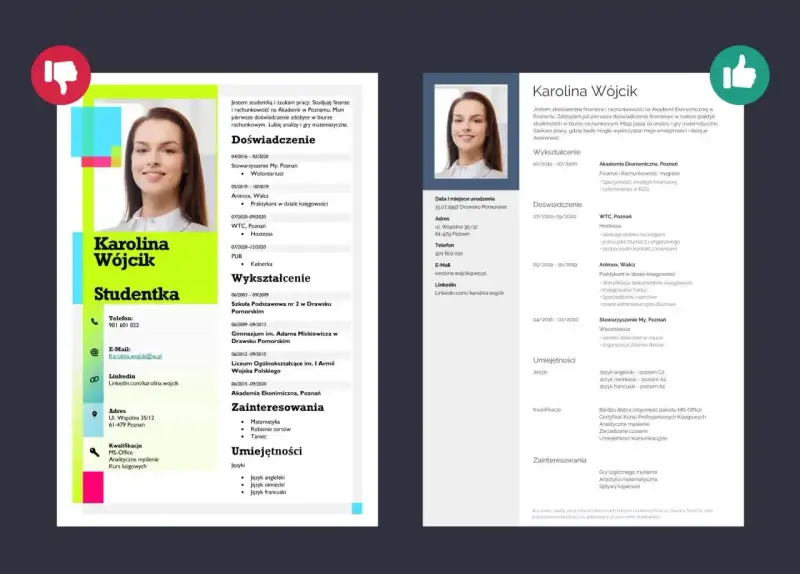 CV Karoliny Wójcik, studentki finansów, pokazuje, że czy CV może mieć 2 strony. Zawiera doświadczenie, wykształcenie i umiejętności.