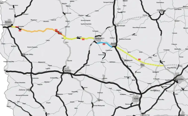 Trasa S10 pokazuje, ile jest kilometrów ze Szczecina do Warszawy, prowadząc przez Piłę, Bydgoszcz, Toruń i Płock.