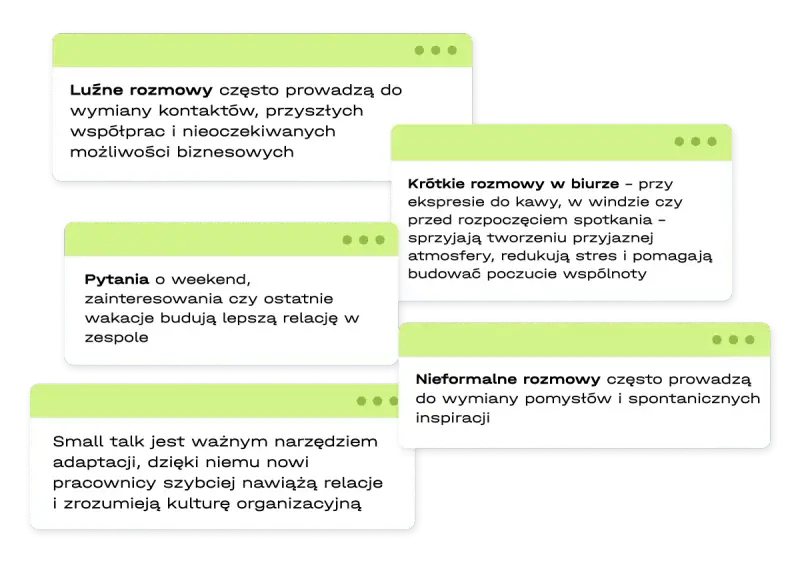 Luźne rozmowy, pytania o weekend i krótkie pogawędki przy kawie to small talk, który buduje relacje i sprzyja współpracy.