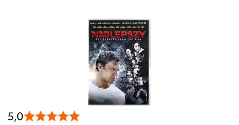 Film "Najlepszy" o piosenkarzu, który pokonuje słabości. Na okładce młody mężczyzna i twarze innych bohaterów.
