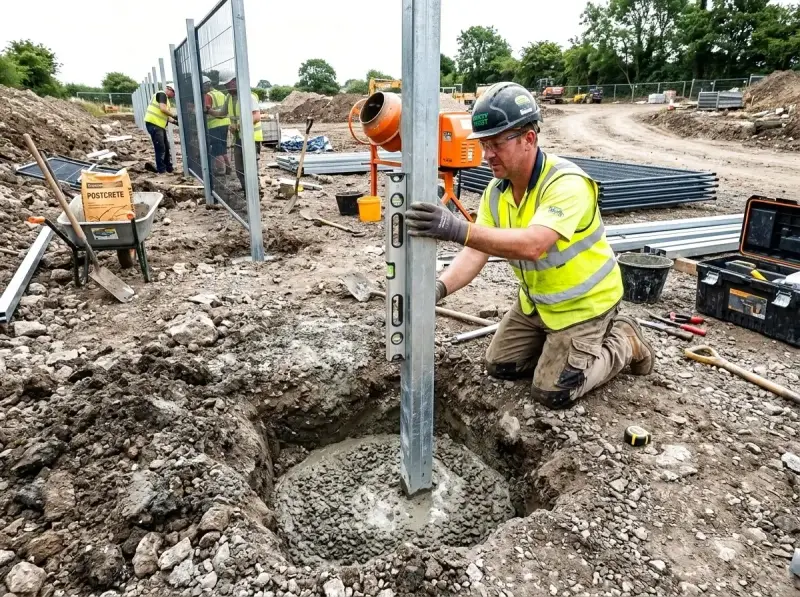 Budowlaniec sprawdza pion słupa ogrodzeniowego, który jest osadzany w betonie. To kluczowy etap budowy, gdzie fundament punktowy rozstaw jest precyzyjnie wykonany.