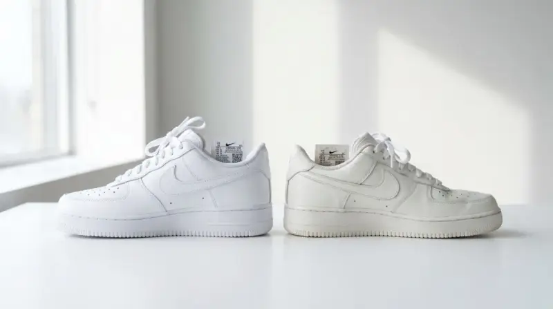 Dwa białe buty Nike Air Force 1, jeden świeży, drugi lekko przybrudzony. Czy 50 style ma oryginalne buty? Metki z kodami sugerują autentyczność.
