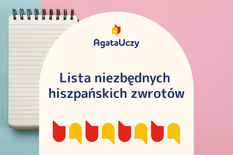 Lista niezbędnych hiszpańskich zwrotów z wymową. Notatnik i kolorowe dymki.
