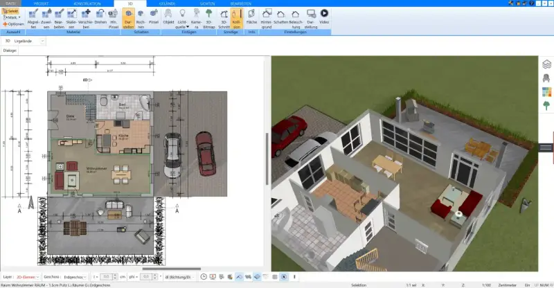 Grundriss und 3D-Ansicht eines modernen Hauses, das die Prinzipien eines Niedrigenergiehaus Definition erfüllt.