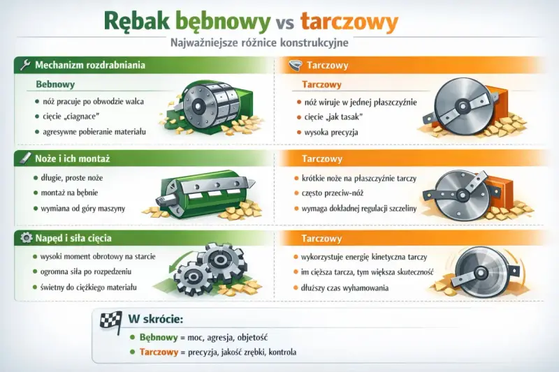 Porównanie rębaków: bębnowy (agresywny, mocny) i tarczowy (precyzyjny, z dobrym wykończeniem zrębki).