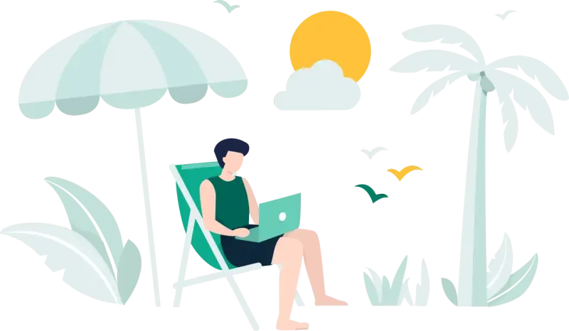 Mężczyzna pracuje na laptopie pod parasolem plażowym, marząc o wakacjach ZUS 2025. Palmy i słońce dopełniają tropikalny klimat.