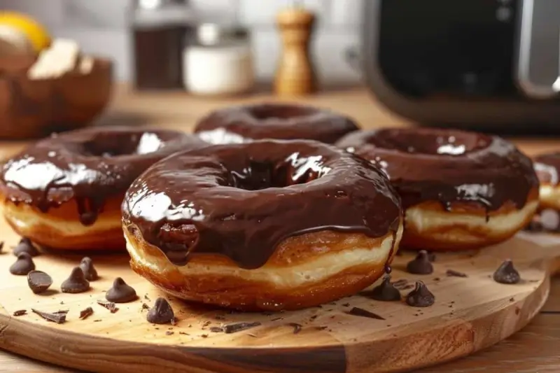 Un beignet au chocolat, généreusement glacé, repose sur une planche en bois. Des pépites de chocolat parsèment la scène.