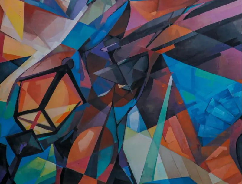 Abstrakte Komposition in leuchtenden Farben, die an den Stil des Kubismus erinnert. Geometrische Formen und Linien verschmelzen zu einem dynamischen Ganzen.