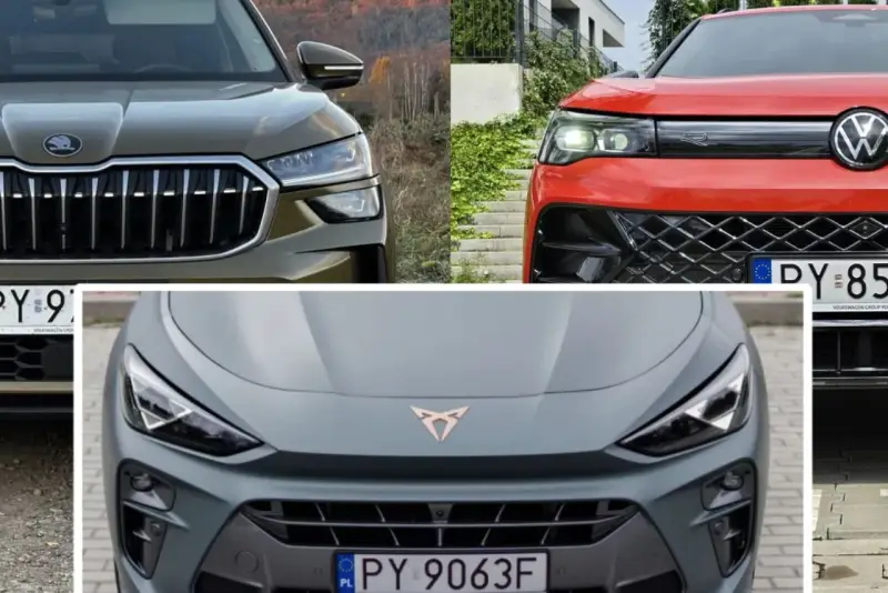 Trzy auta z grupy VAG: Skoda, Volkswagen i Cupra. Każde z nich prezentuje swój unikalny styl i detale.