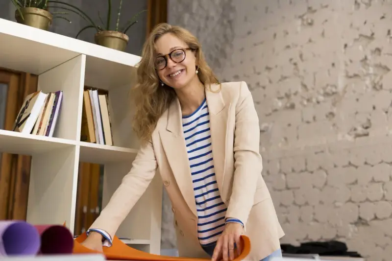 Uśmiechnięta kobieta w beżowej marynarce i pasiastym T-shircie, z okularami na nosie. Jej strój to przykład profesjonalnego dress code nauczyciela.