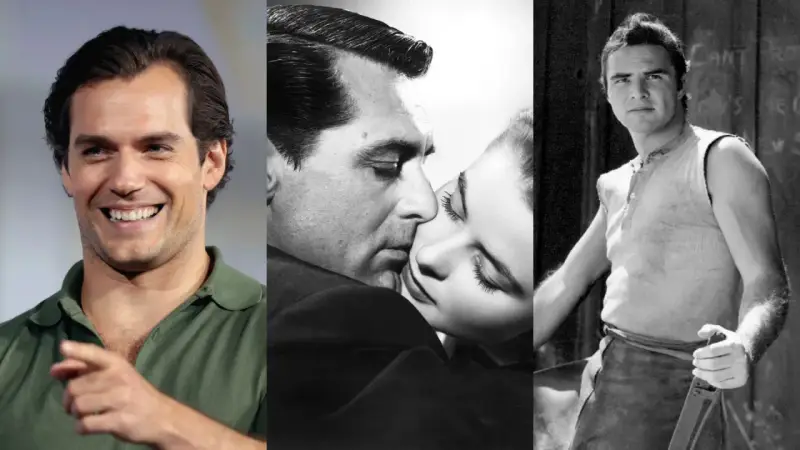 Uśmiechnięty Henry Cavill obok klasycznych scen filmowych.