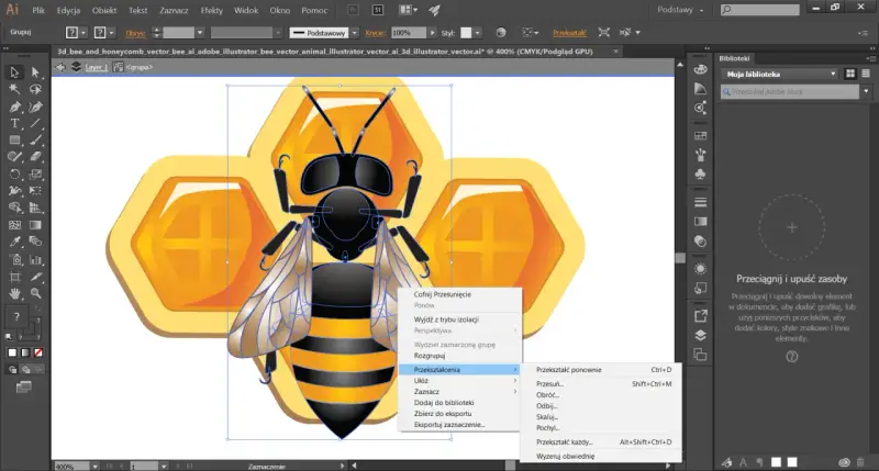 Ilustrator tworzy pszczołę i plaster miodu. Menu kontekstowe pokazuje opcje transformacji.