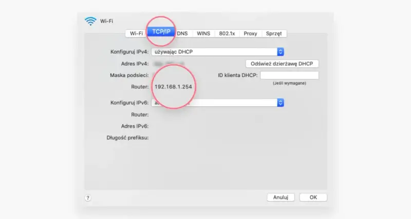 Konfiguracja sieci TCP/IP, gdzie adres routera to 192.168.1.254.