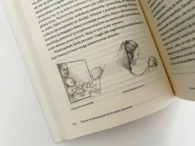 Ilustracja przedstawia matkę i dziecko, a także odbicie w lustrze. Dziecko jest wymagające, ale matka reaguje z miłością.