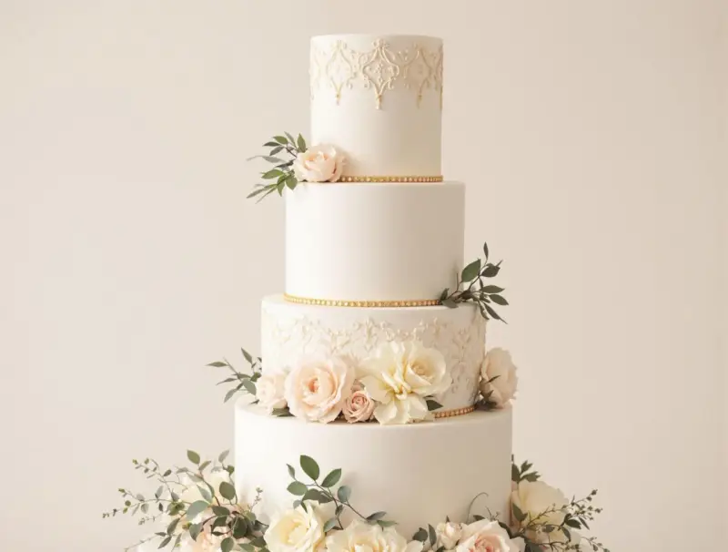 Magnifique gâteau de mariage traditionnel à quatre étages, orné de dentelle dorée, de roses pâles et de feuillage.